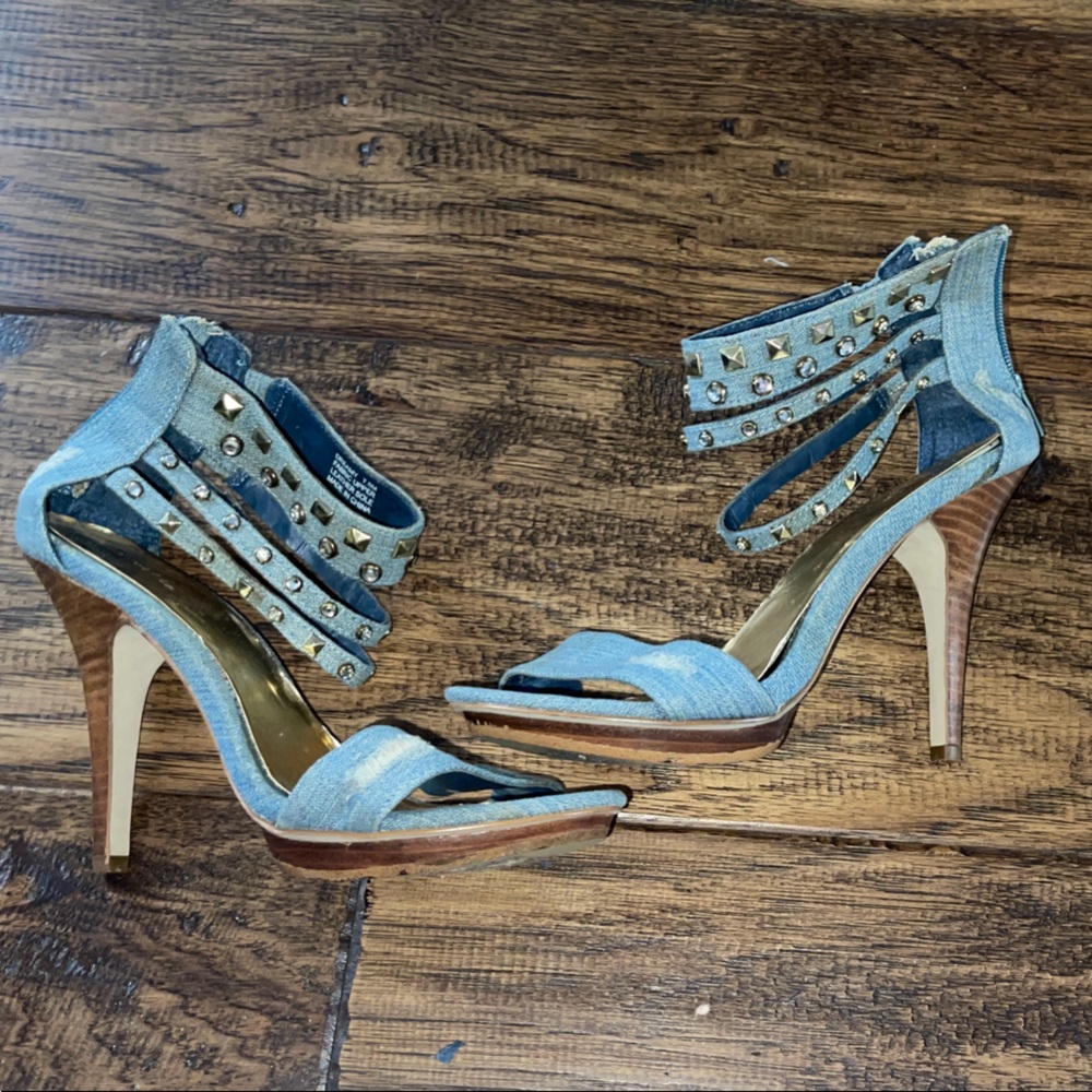 Stylish distressed denim Blue Studded Zigi LA Women's Heels
